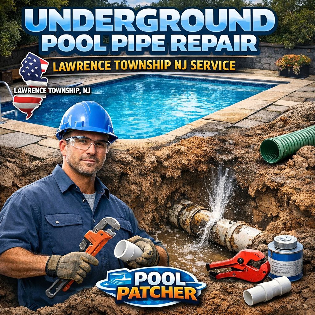 Technician repairing underground pool pipe with excavation tools in Lawrence Township, NJ.