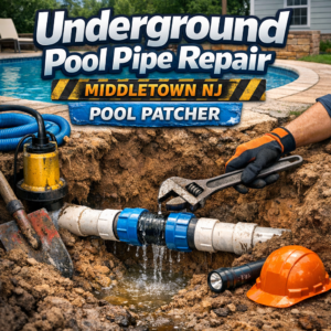 Technician repairing an underground pool pipe with tools and equipment in Middletown, NJ.