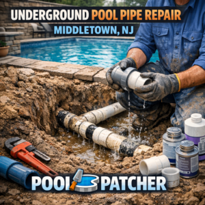 Technician repairing underground pool pipes with specialized equipment in Middletown, NJ.