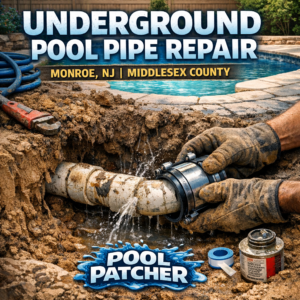 Close-up of hands repairing an underground pool pipe with tools in Monroe, NJ.