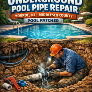 Technician repairing underground pool pipes with tools and machinery in Monroe, NJ pool service.