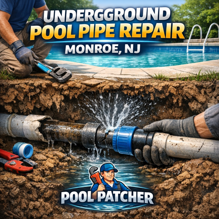 Technician repairing underground pool pipes with specialized tools in a Monroe, NJ backyard.