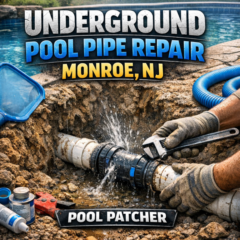 Close-up of hands repairing an underground pool pipe with tools and PVC fittings in Monroe, NJ.