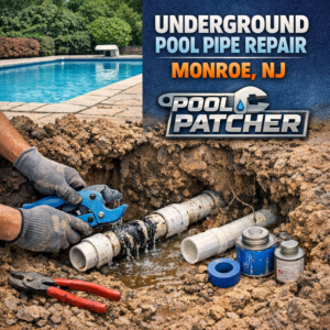 Close-up of underground pool pipe being repaired with tools in Monroe, NJ.