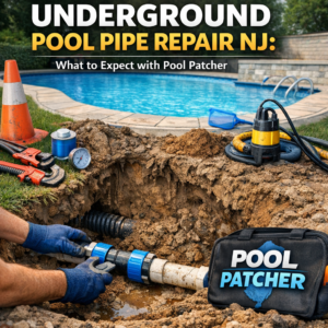 Close-up of professional tools and equipment used for underground pool pipe repair in New Jersey.
