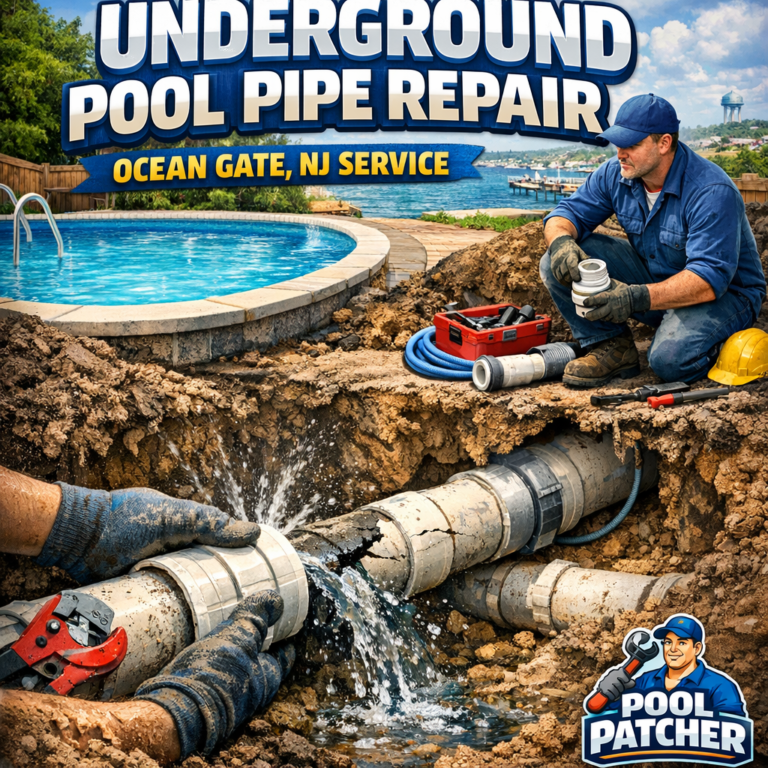 Technician repairing underground pool pipes with tools and equipment at Ocean Gate, NJ pool service site.