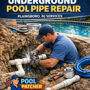Technician repairing underground pool pipes in Plainsboro, NJ with tools and equipment.