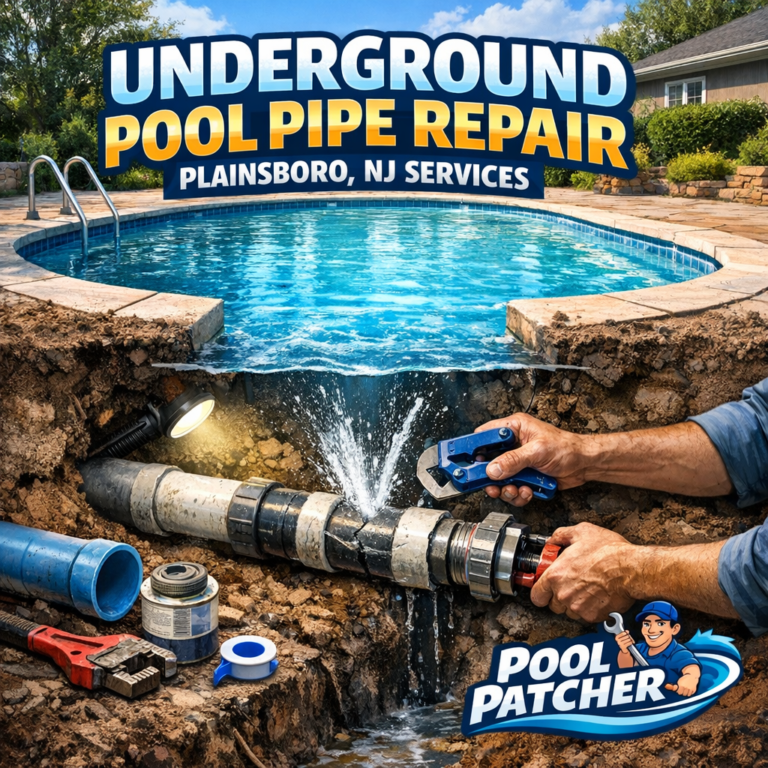 Technician repairing an underground pool pipe with tools and equipment in a grassy area in Plainsboro, NJ.