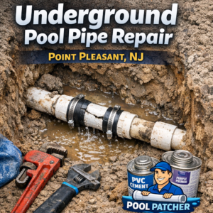 Close-up of a pool pipe repair underground using PVC cement and tools in Point Pleasant, NJ.