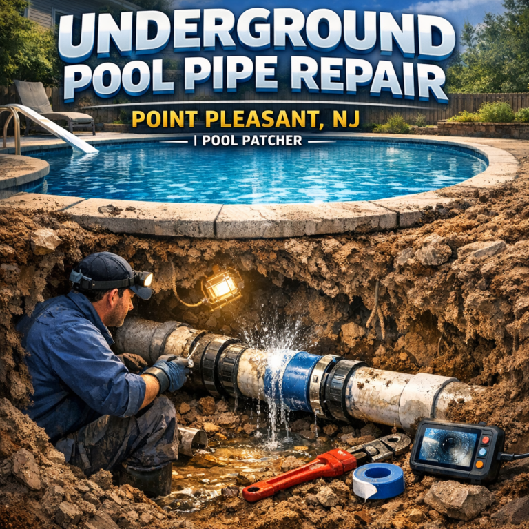 Close-up of underground pool pipe repair with tools and exposed pipes in Point Pleasant, NJ.
