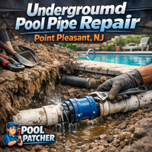 Underground pool pipe being repaired with tools in Point Pleasant, NJ by Pool Patcher.