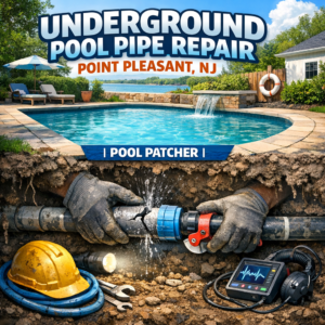 Technician repairing underground pool pipe with tools and white solvent in Point Pleasant, NJ.