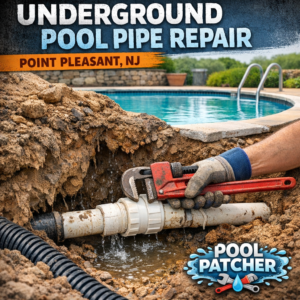 Technician repairing underground pool pipe with tools in a sandy excavation site in Point Pleasant, NJ.
