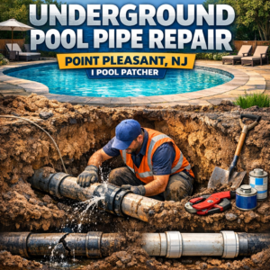 Close-up of underground pool pipe being repaired with tools and blue piping in Point Pleasant, NJ.