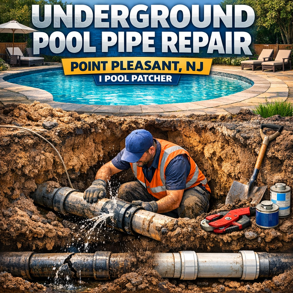 Close-up of underground pool pipe being repaired with tools and blue piping in Point Pleasant, NJ.