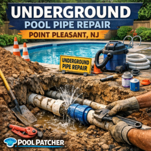 Close-up of underground pool pipe being repaired with sealing material in Point Pleasant, NJ pool service.