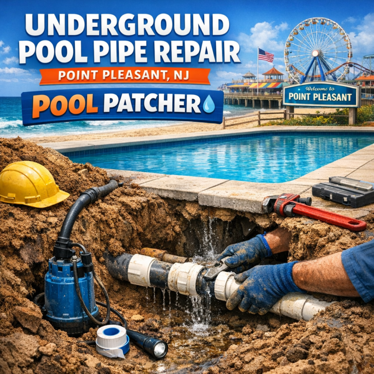 Technician repairing underground pool pipes with equipment and tools in Point Pleasant, NJ.