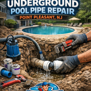 Professional plumbing tools repairing an underground pool pipe in Point Pleasant, NJ.