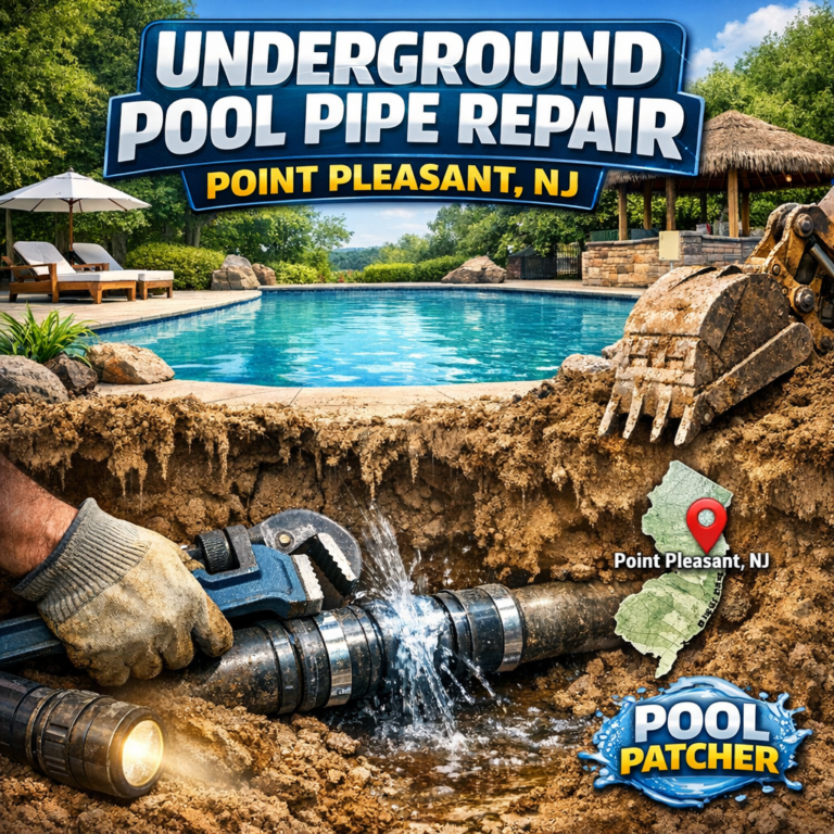Technician repairing an underground pool pipe with tools and trench in Point Pleasant, NJ.