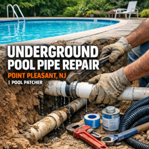 Technician repairing an underground pool pipe with tools and equipment in Point Pleasant, NJ.
