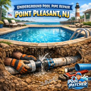 Close-up of a leaking underground pool pipe being repaired with a clamp in Point Pleasant, NJ.