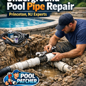 Close-up of a hand repairing an underground pool pipe with a blue pipe cutter and tools.
