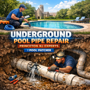 Close-up of underground pool pipe being professionally repaired with tools and sealant in Princeton, NJ.