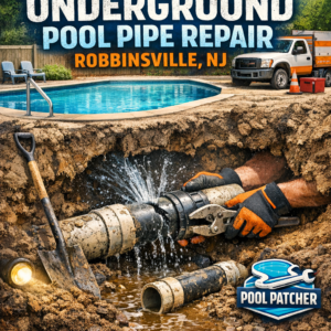 Technician repairing underground pool pipes using specialized tools in Robbinsville, NJ.