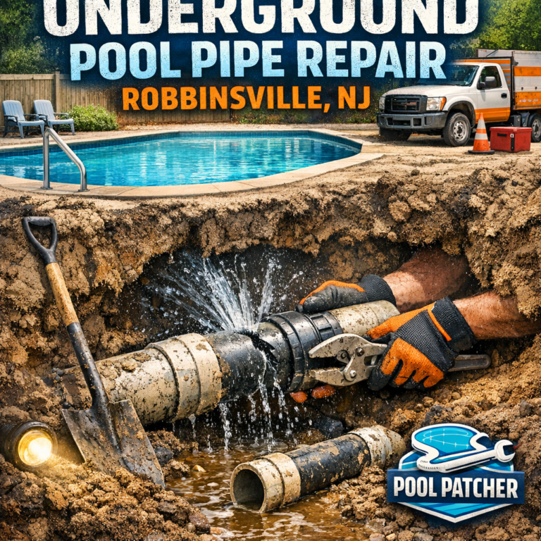 Technician repairing underground pool pipes using specialized tools in Robbinsville, NJ.