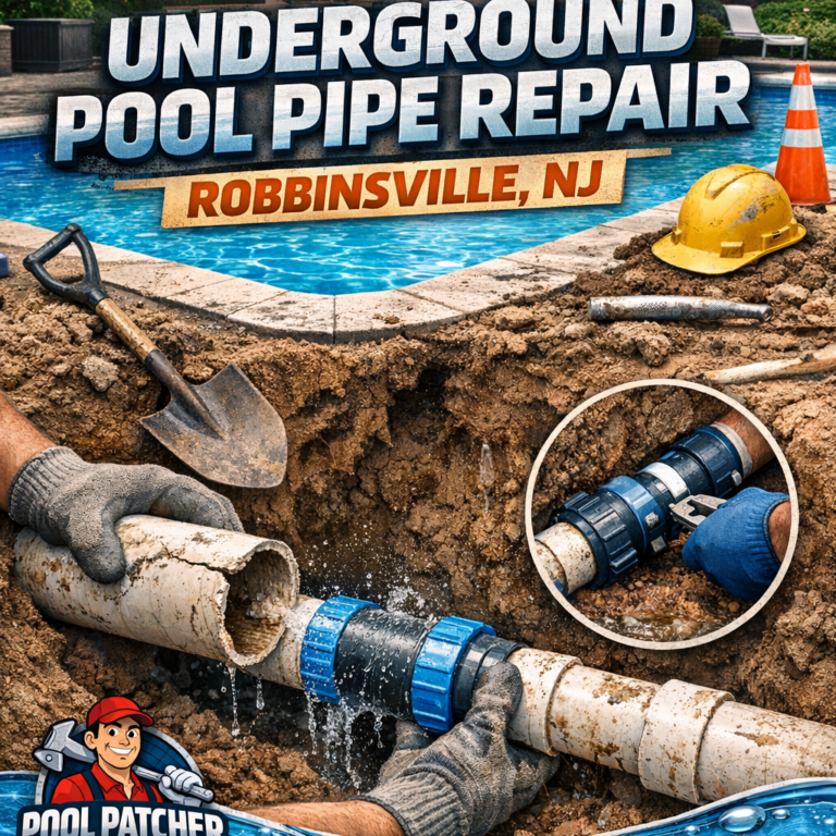 Close-up of professional plumbing tools and equipment for underground pool pipe repair in Robbinsville, NJ.
