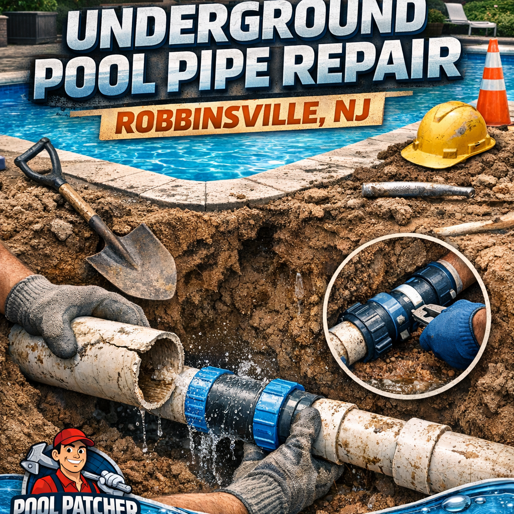 Close-up of professional plumbing tools and equipment for underground pool pipe repair in Robbinsville, NJ.