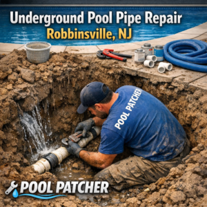 Technician repairing an underground pool pipe in Robbinsville, NJ using specialized tools and equipment.
