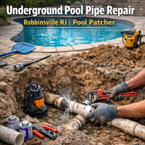 Technician repairing underground pool pipes with specialized tools in Robbinsville, NJ.