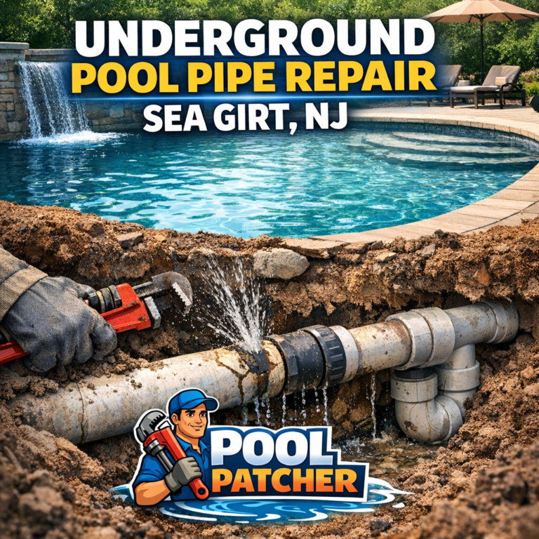 Technician repairing an underground pool pipe with tools and excavation at a residential home in Sea Girt, NJ.