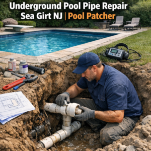 Technician repairing underground pool pipes with specialized tools in Sea Girt, NJ.
