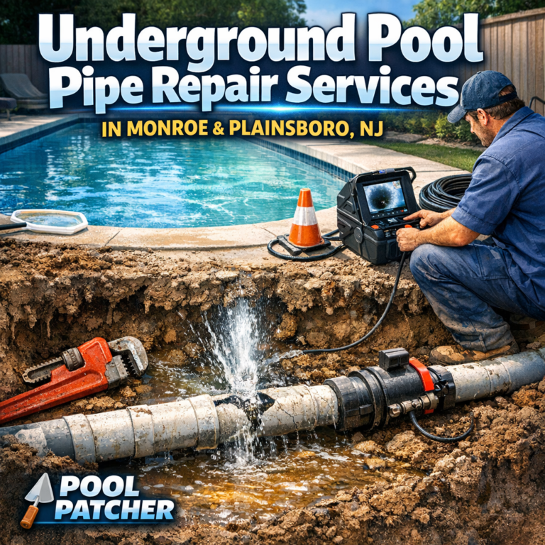 Technician repairing underground pool pipe with tools and equipment in a backyard setting.