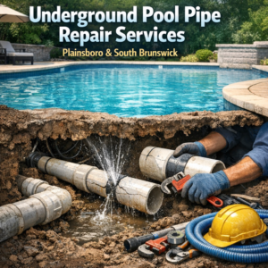 Leaking underground pool pipe exposed with repair tools near a backyard swimming pool in Plainsboro.