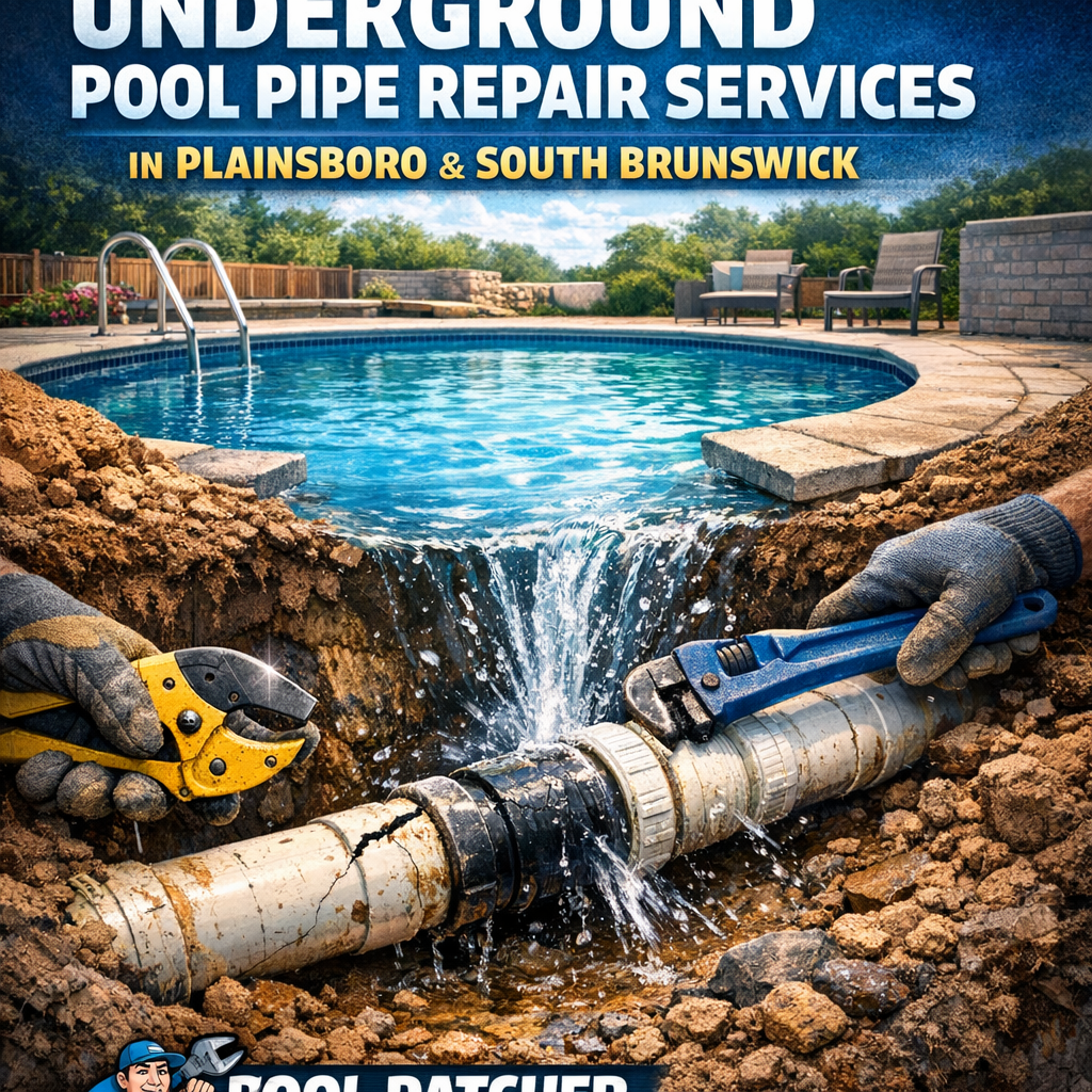 A worker repairs underground pool pipes using professional tools in Plainsboro and South Brunswick.