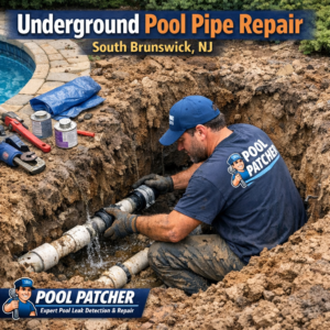 Technician repairing underground pool pipes using tools at a South Brunswick, NJ residential pool site.