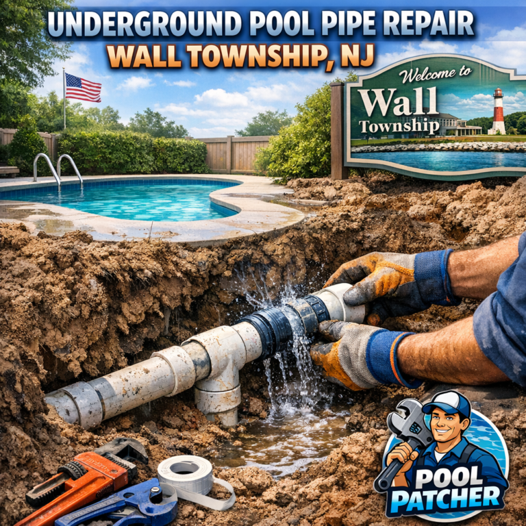 Close-up of a damaged underground pool pipe being repaired with tools and blue fittings in Wall Township, NJ.