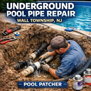 Worker repairing underground pool pipes using tools in a dug-out area in Wall Township, NJ.