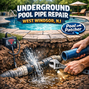 Technician repairing underground pool pipes in West Windsor, NJ with specialized tools and equipment.