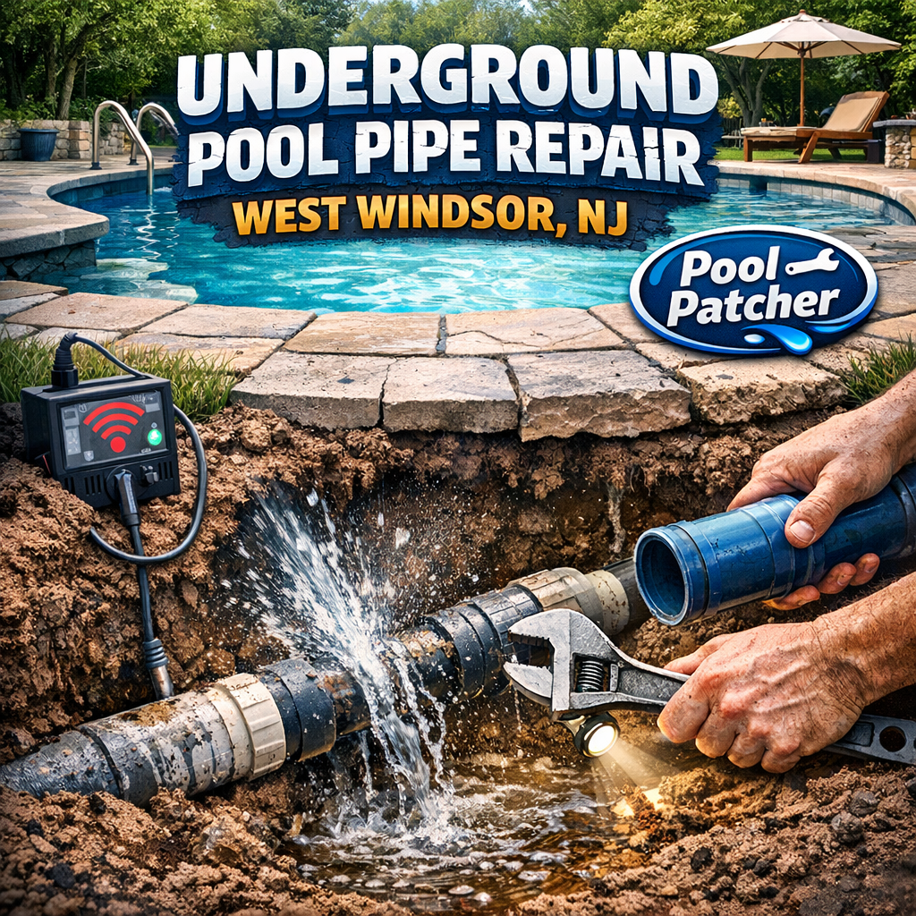 Technician repairing underground pool pipes in West Windsor, NJ with specialized tools and equipment.