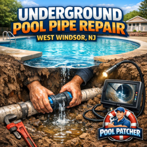 Technician repairing underground pool pipes in West Windsor, NJ with specialized tools near a pool.