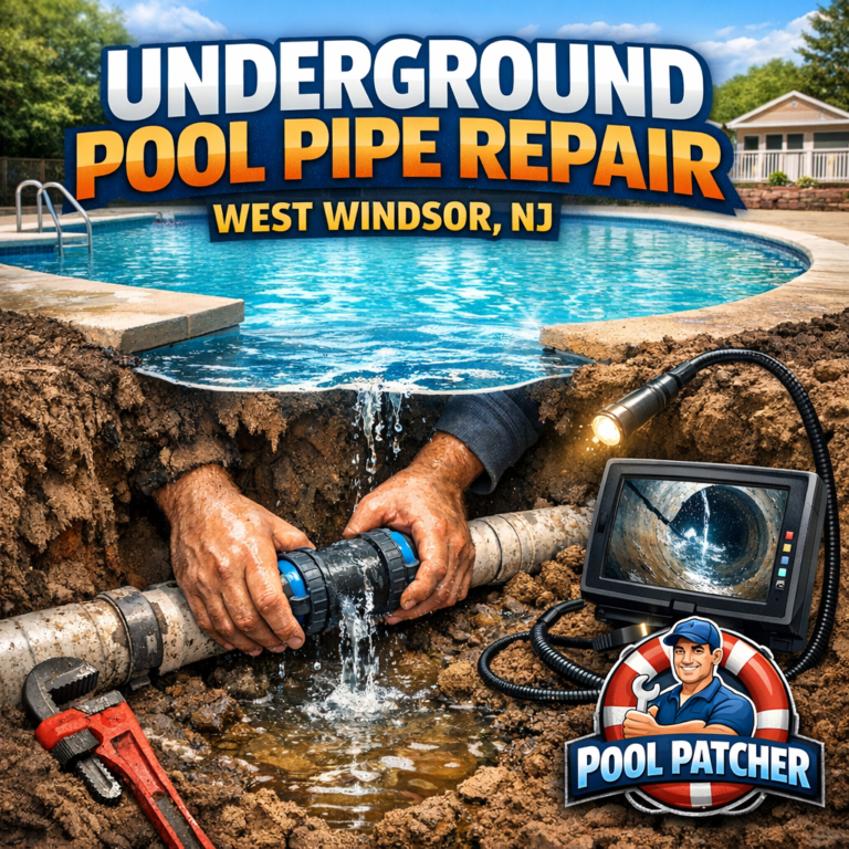 Technician repairing underground pool pipes in West Windsor, NJ with specialized tools near a pool.