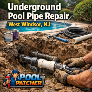 Technician repairing underground pool pipes in West Windsor, NJ for leak detection and pipe replacement.