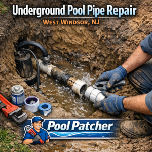 Workers repair underground pool pipes in West Windsor, NJ using specialized tools in a dirt excavation site.