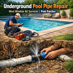 Technician repairing an underground pool pipe, showing professional pool pipe patching work in West Windsor NJ.