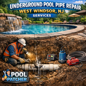 Technician repairing underground pool pipe with tools and equipment in West Windsor, NJ.