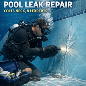Professional diver repairing an underwater pool leak in Colts Neck, NJ using specialized tools.